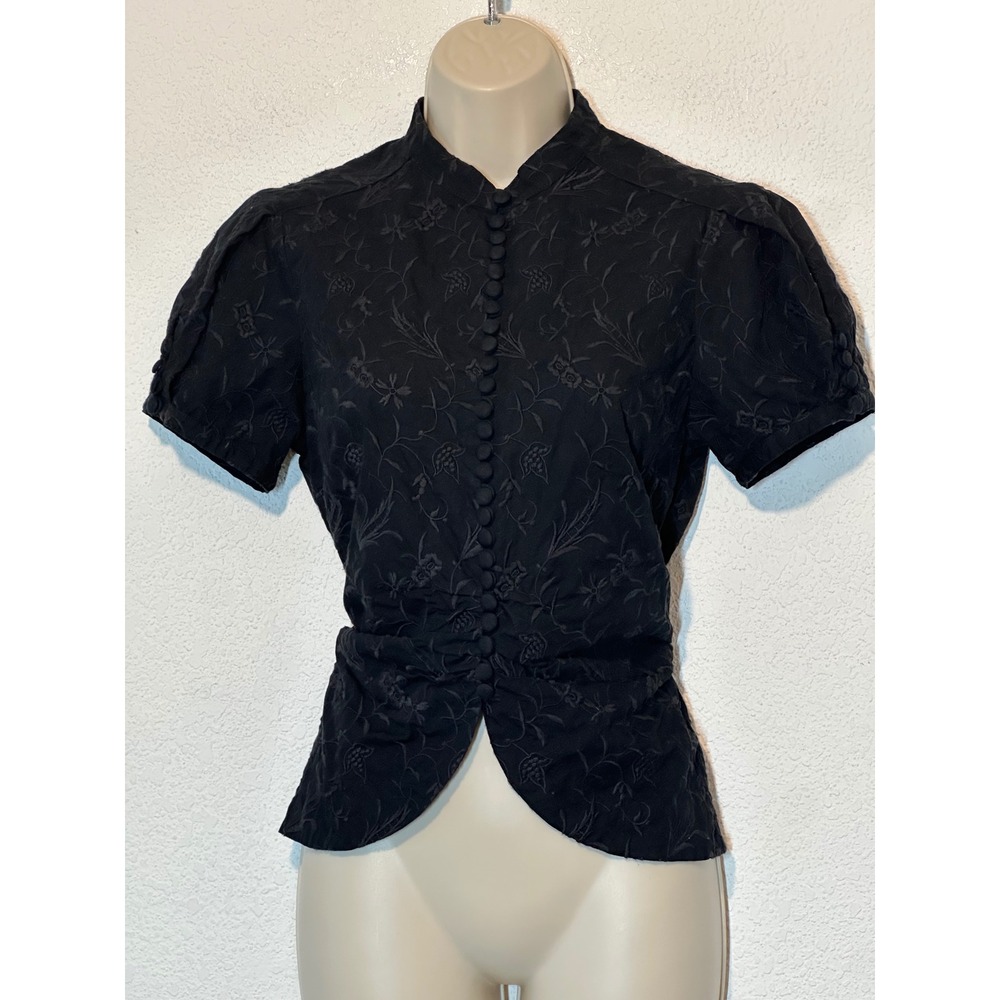 BCBGMAXAZRIA Black Embroidered Cotton Puff Sleeve Tie Back Top M Victorian Goth